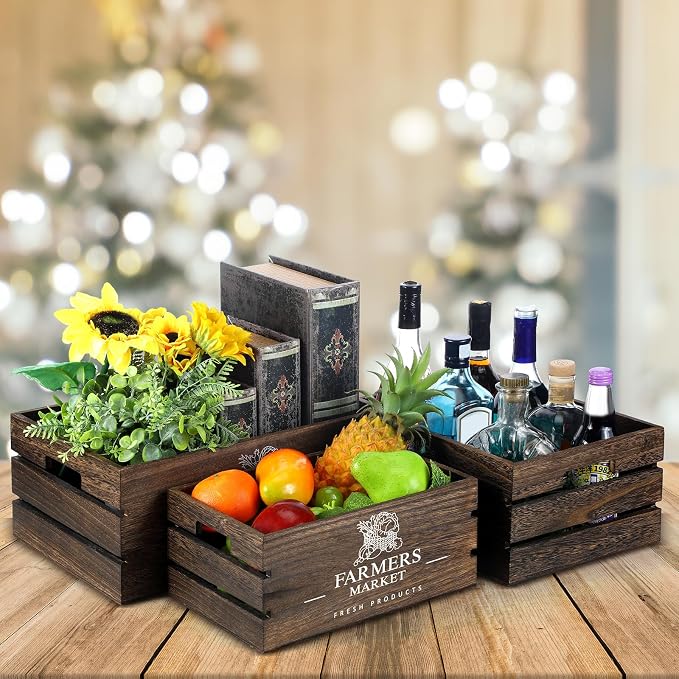 Barydat Set of 5 Wood Crates for Display Decorative Nesting Wooden Crate Storage with Handles Vintage Farmhouse Style Decorative Boxes Multipurpose Fruits Vegetables Boxes(Dusty Brown,Elegant) - Image 3
