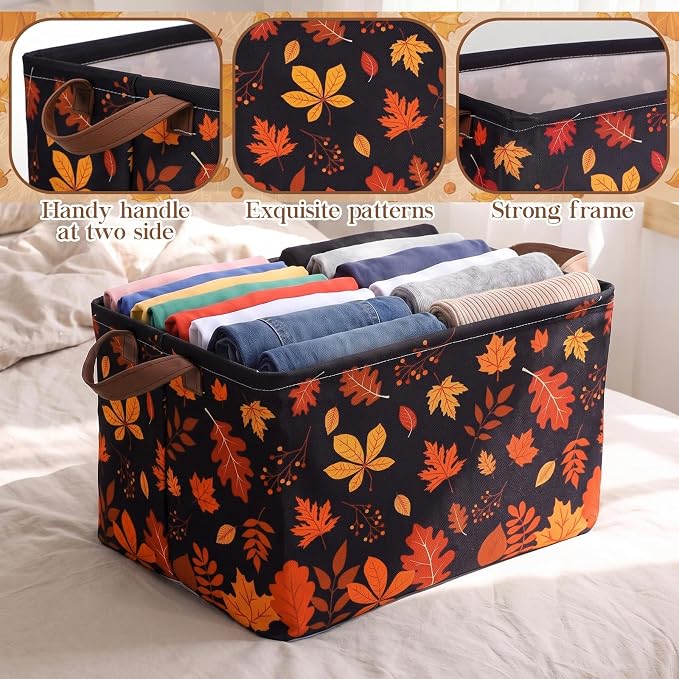 Fourluoo 6 Pack Floral Storage Basket with Handles Clothes Storage Basket Bin Foldable Box Bins Organizer for Closet Shelf Nursery Kid Room Book Toy Chest(6,Pumpkin) - Image 5