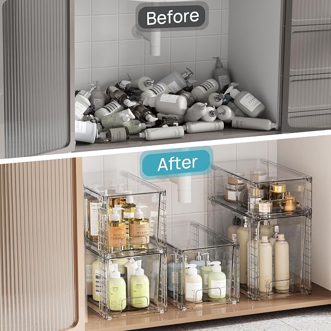 Vtopmart Clear Stackable Storage Drawers, 6 Pack Tall Organizer Set | Tall, Medium and Small Pull-Out PET Drawers with Stackable Design for Bathroom Under-Sink Storage and Vertical Organization - Image 5