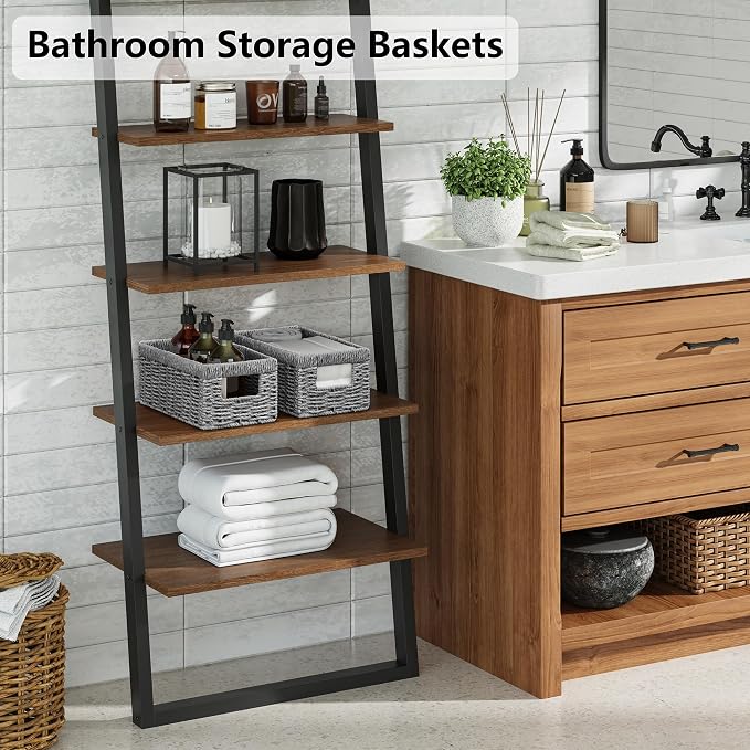 Wicker Storage Basket, Set of 2 Hand Woven Wicker Baskets for Organizing with Handles, Decorative Small Storage Bins for Countertop Toilet Paper Basket for Toilet Tank Top Shelves, Grey - Image 5