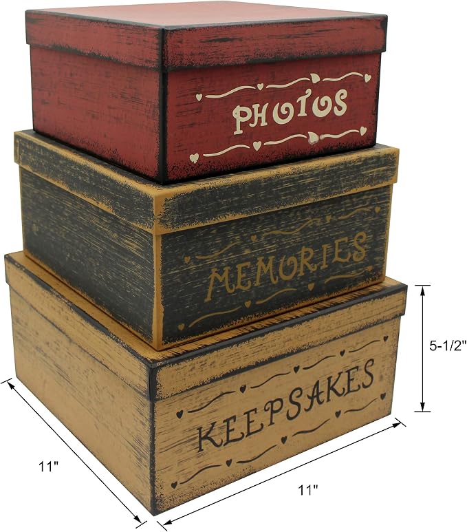 Primitive Vintage Square Photos, Memories, Keepsakes Cardboard Nesting Boxes, Large 11 X 11 X 5-1/2 Inch. Set of 3. - Image 5