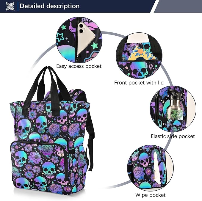 MNSRUU Diaper Bag Funny Skulls Diaper Bag Backpack Multifunction Travel Diaper Bag Tote Large Capacity Diaper Changing Backpacks for Moms Dads - Image 2