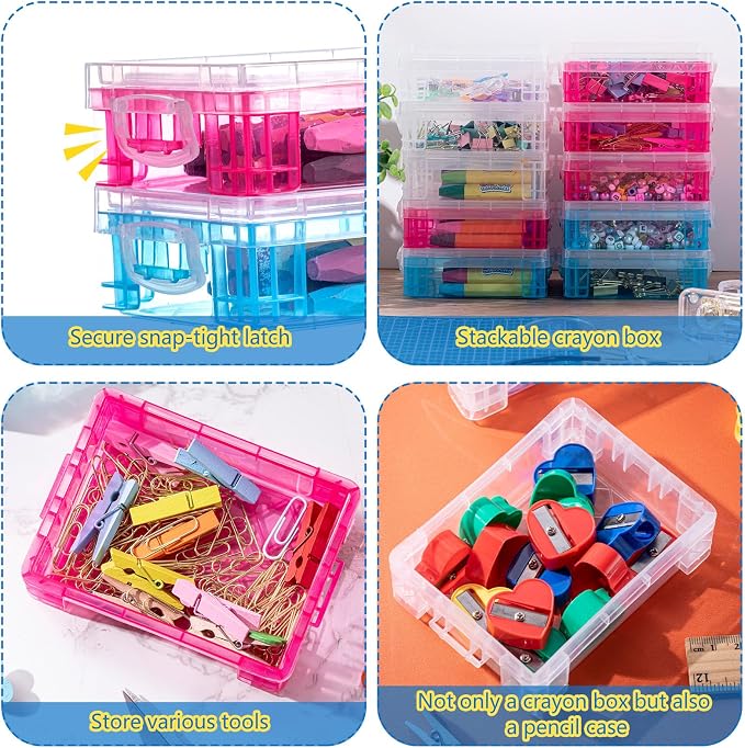 Suzile 40 Pcs Plastic Crayon Boxes Holds 24 Crayon with Snap Lid Storage Container Clear Stackable Case for School Office Classroom Supplies Pen Pencil Craft(Clear, Red, Blue) - Image 3