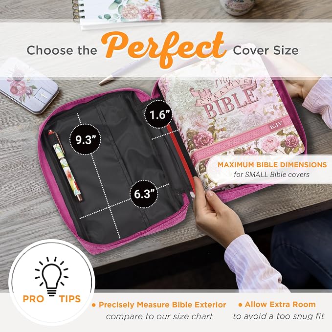 Christian Art Gifts Polyester Bible Cover for Men & Women w/Jesus Fish Patch, Secure Zipper Pocket, Pen Loops, Easy Carry Book Case for Stationery, Accessories, Pink, Small - Image 9