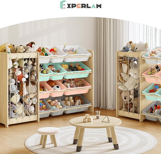 EXPERLAM Kids Toy Storage Organizer, 2-in-1 Stuffed Animal Storage & Toy Organizer w/12 Bins, Solid Wood Toy Rack Featuring Thicker Elastic Ropes to Hold Toys, Playroom Nursery Bedroom Storage, Multi - Image 7