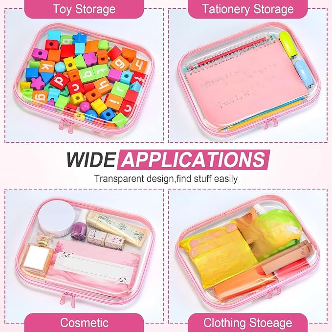 Sanwuta 6 Clear Hard Zipper Case,Pink,9.84 X 7.87 X 2 Inch | Pencil Case Pouches ,Makeup Bag,Plastic Toiletry Diaper Bag ,Travel Toy Storage,Waterproof Organizer Bins - Image 7