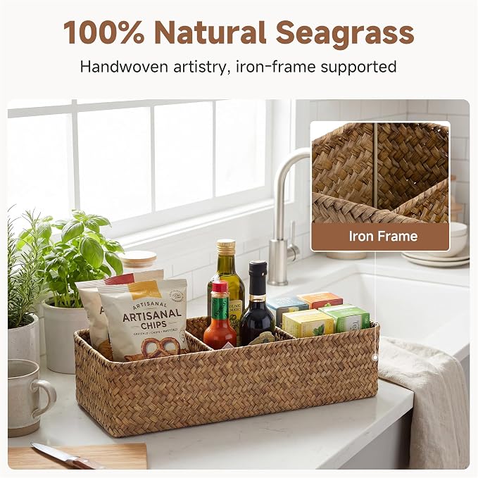 StorageWorks Toilet Paper Basket with Lid, Back of Toilet Baskets, Seagrass | Wicker Basket, Toilet Paper Storage for Back of Toilet Tank, Woven Baskets for Shelves, Wicker Baskets with 3 Compartments - Image 4