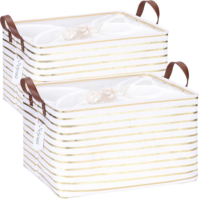 Hinwo 31L Large Canvas Storage Bin with Lid and Handles, 2-Pack | Collapsible Fabric Baskets, Closet Shelf Organizers, Containers for Clothing, Blankets, Toys, Bedding (Gold Stripe) by Hinwo