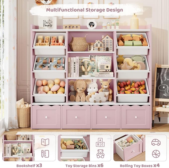 HITHOS 55" W Kids Toy Storage Organizer with 10 Toy Box & Book Shelf, Pink | Large Toy Organizers and Storage with Kids Bookshelf & 6 Plastic Toy Chests & 4 Movable Drawers for Kids Room, Playroom - Image 6