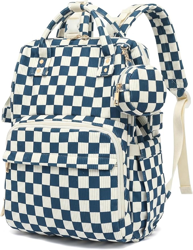 Baby Diaper Bag Backpacks for Mom Dad, Corduroy Large Capacity Multifunction Nappy Bag with Pacifier Case, Baby Travel Essentials Diaper Backpack for Boys Girls - Checkered Navy Blue by Unknown