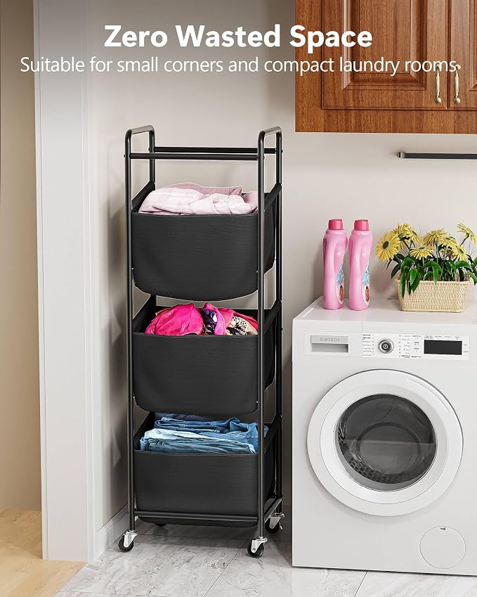 3 Section Laundry Sorter with Removable Bags, 120L Rolling Vertical Laundry Hamper, Stackable Laundry Baskets organizer for Bathroom, Apartment, Dorm (Black, With Wheel) - Image 7
