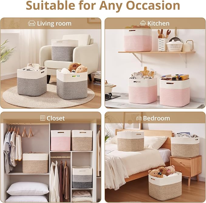 OIAHOMY 13 Inch Cube Storage Bins, 3-Pack Cotton Rope Woven Baskets for Organizing, Insert Storage Baskets for Shelves, Baby Nursery, Closet Organizer, 13 * 13 * 12.6IN, Brown & White - Image 6