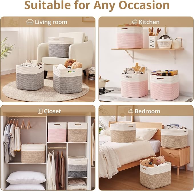 OIAHOMY 13 Inch Cube Storage Bins, 3-Pack Cotton Rope Woven Baskets for Organizing, Insert Storage Baskets for Shelves, Baby Nursery, Closet Organizer, 13 * 13 * 12.6IN, Gradient Gray - Image 6