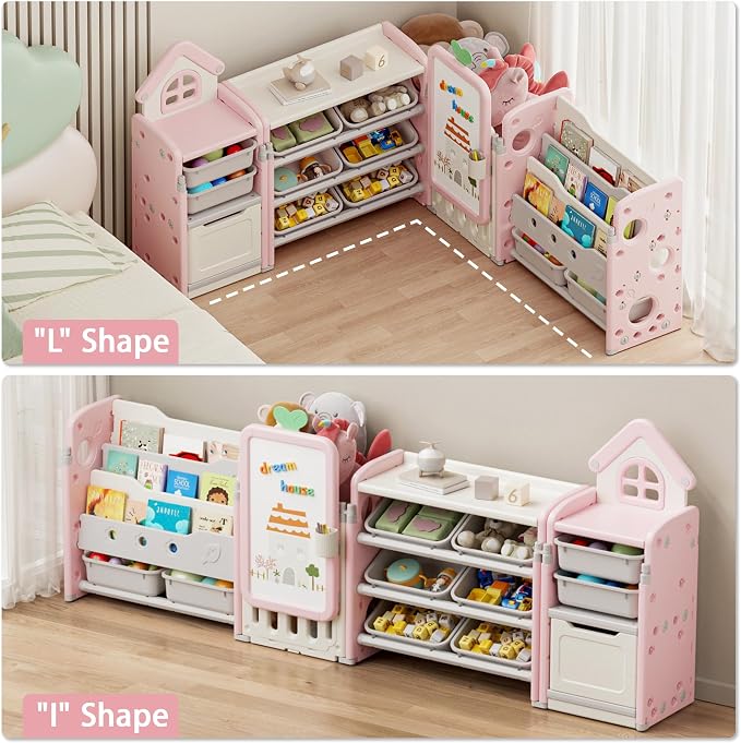 Kids Toy Storage Organizer with 10 Removable Bins, Foldable Toy Organizers and Storage with 3-Tier Bookshelf for Kids Toy Storage Organizer with Drawing Board, Extra 3 Brushes (4 In 1 Light Pink) - Image 8