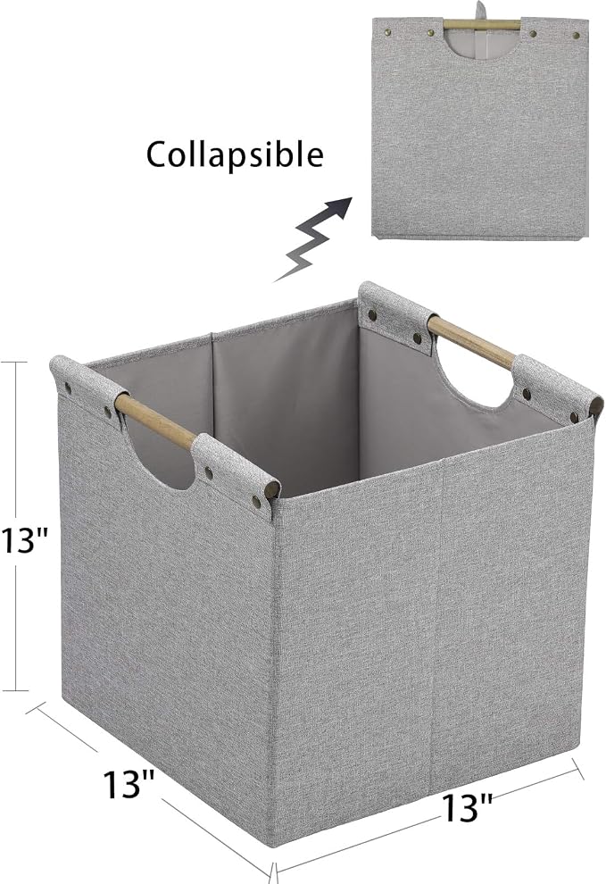 HOONEX Collapsible Storage Bins, 13x13x13in Storage Cubes Linen Fabric, 3 Pack, Storage Baskets with Wooden Carry Handles and Sturdy Heavy Cardboard, for Home, Office, Car, Nursery, Light Grey - Image 3