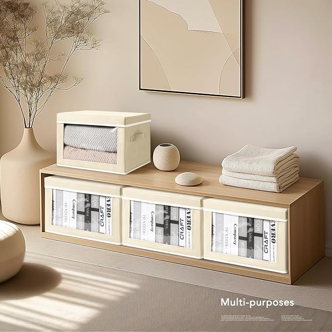 Storage Boxes with Lids - 3 Pack Fabric Clear Window Storage Bins, Collapsible Storage Bins with Lids, Linen Closet Organizer for Clothes, Towel, Blanket, Beige - Image 5