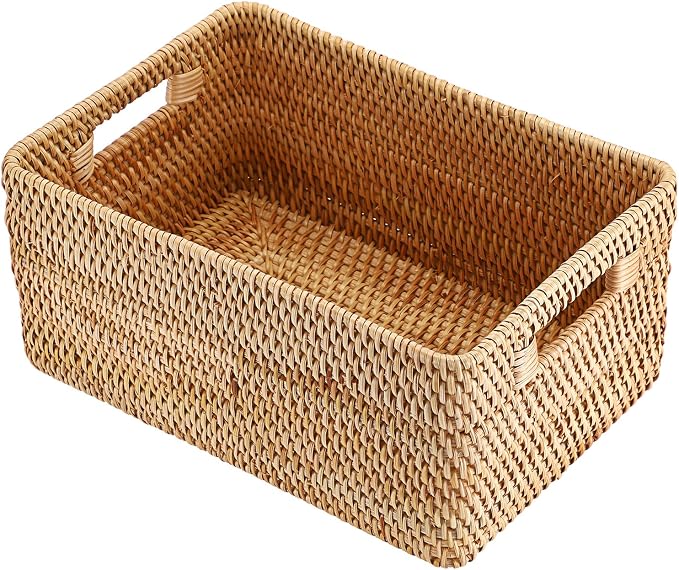 Hipiwe Woven Rattan Basket Natural Wicker Storage Basket Box with Handles | Rectangular Open Storage Bin for Shelf Bathroom Living Room Kitchen, 13" x 8.7" x 5.9" by Hipiwe