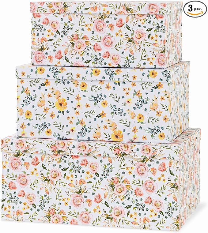 Soul & Lane - Summer Bouquet Decorative Storage Boxes with Lids, Set of 3 | Large Nesting Keepsake Boxes for Memories, Photos and Gifts, Cute Pink Floral Containers for Keepsakes and Organizing by SoulLane