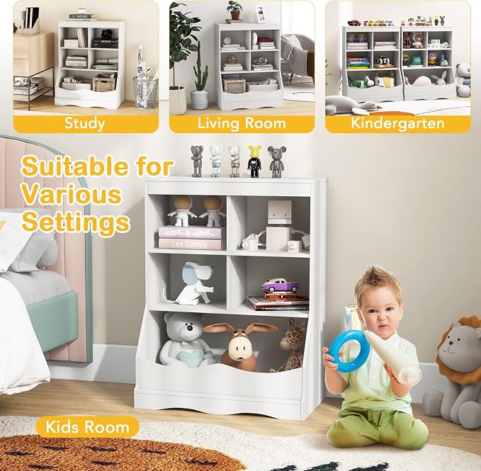 HONEY JOY Kids Toy Storage Organizer with Bookcase, 4-Cubby Organization Storage Cabinet w/Display Shelf, Wooden Toy Storage Unit for Playroom, Nursery Daycare(White) - Image 7