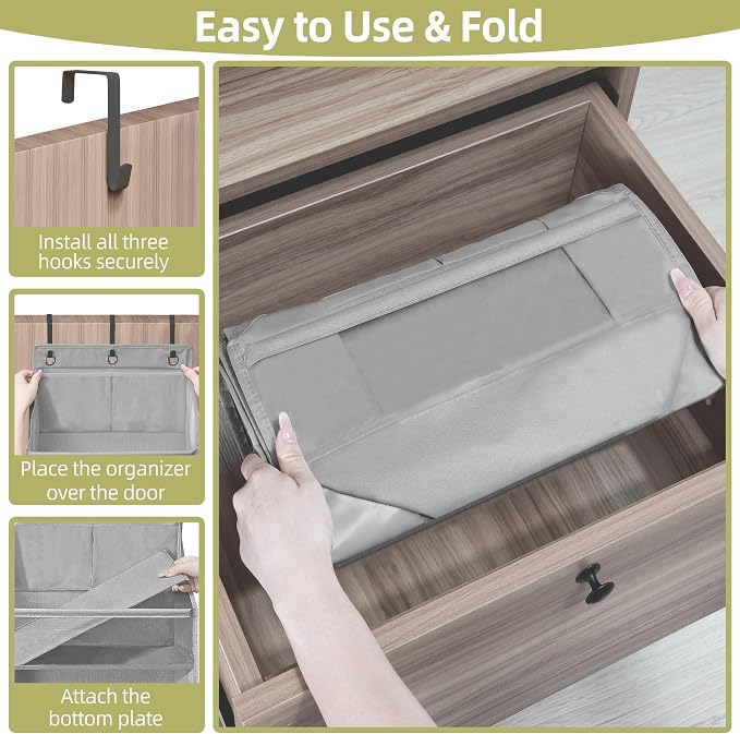 Over Door Organizer with 6 Extra Large Pockets 12 Side Pockets, Sturdy Closet Storage Rack, Hanging Storage Organizer with Clear Window for Shoes, Diapers, Bedroom, Bathroom, Grey - Image 5