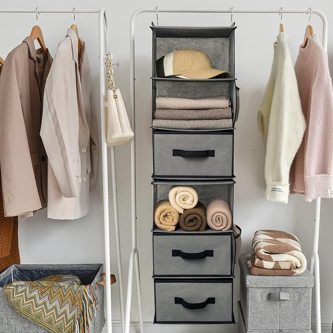 GRANNY SAYS Hanging Closet Organizer, 5 Drawers, 6 Shelves, 4 Pockets, Gray | Hanging Closet Organizer with 5 Different Drawer Designs, 6 Shelves & Reinforced Structure for Organized Small Spaces - Image 7