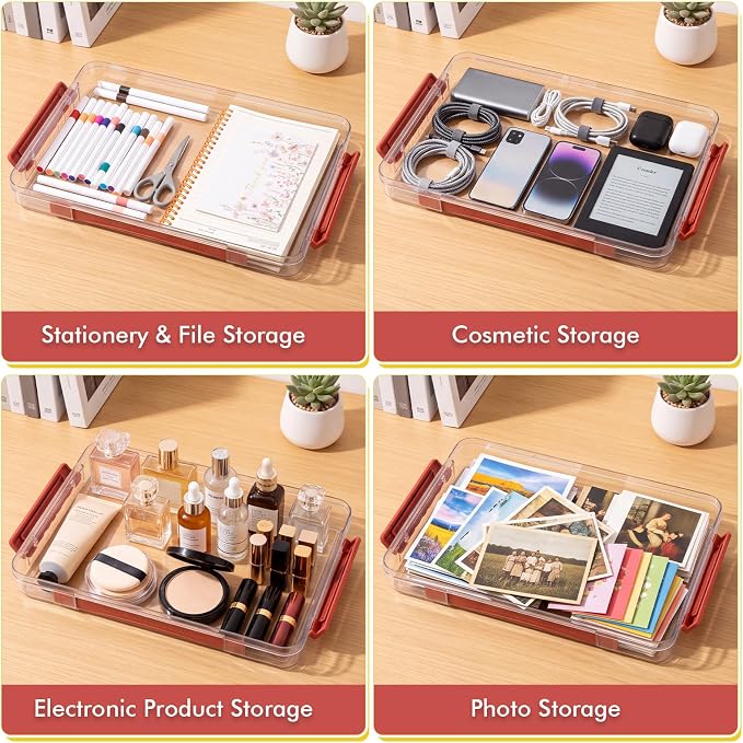5 Pcs Clear File Storage Box Portable Paper Case with Lid Handle,Red - Image 6