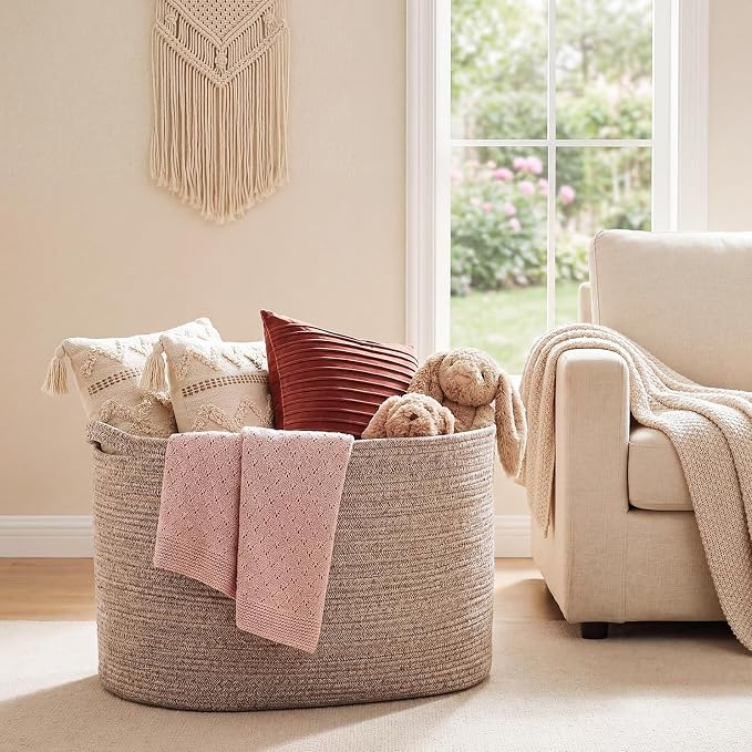 XXXXL 125L Extra Large Woven Blanket Basket, 25" x 18" x 17" Jumbo Cotton Rope Storage Basket with Handles Toy Storage Bins for Laundry Hamper Nursery Organizer Living Room Home(Natural Linen) - Image 2