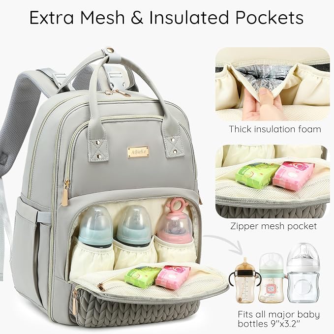 AIJIEKE Diaper Bag Backpack, Large Multi-functional Diaper Backpack, Gray | Waterproof lightweight baby backpack. With changing pad, stroller straps, insulated & wet/dry pockets. Mom & dad essential - Image 5