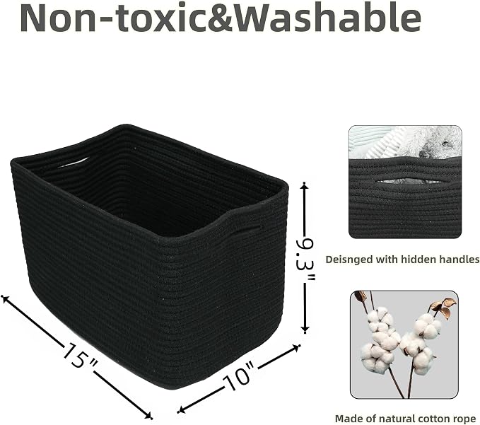 XUANGUO Woven Cotton Rope Storage Baskets 15x10x9.3" 3 Pack Black | Decorative rectangular storage baskets for shelves and closets; storage bins organize clothes, toys, books and nursery items. - Image 2