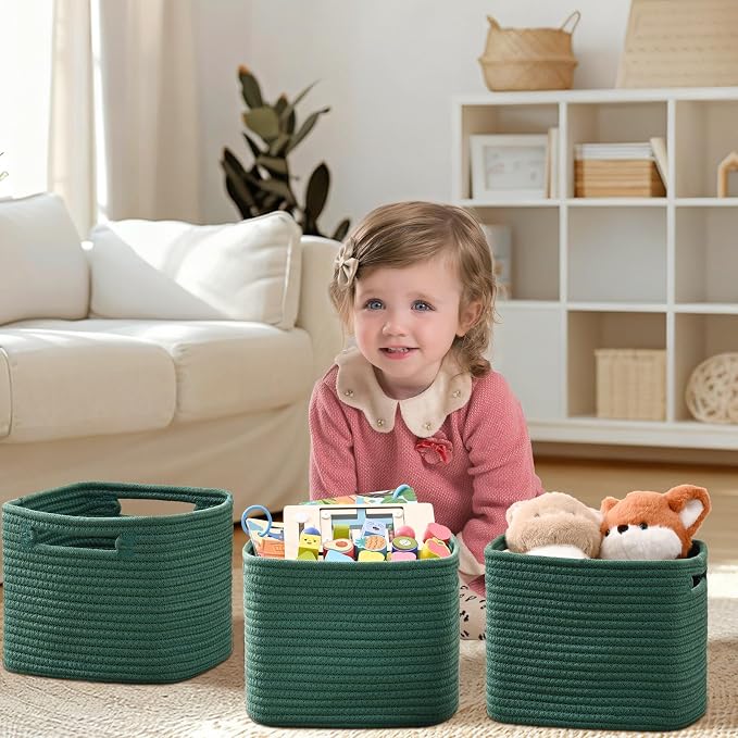 3 Pack Cube Storage Bin, 9”x9”x7” Cotton Rope Woven Baskets for Organizing Toys Clothes Towels, Square Gift Storage Baskets for Shelves, Nursery, Closet, Bathroom, Pantry (Green) - Image 2