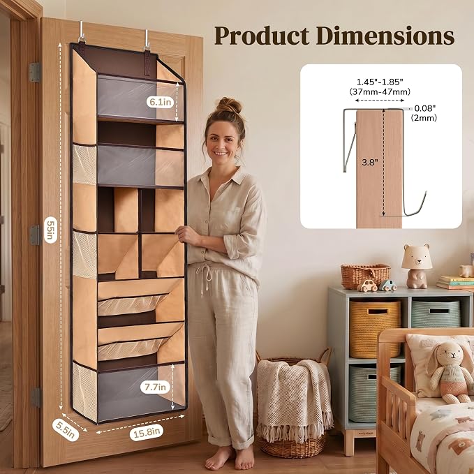 6-in-1 Over Door Hanging Organizer with 12 Mesh Pockets, 44 lbs Capacity, Light Brown – Versatile Behind Door Storage for Baby Nursery, Newborn Essentials, Bedroom, Bathroom & Dorm - Image 2