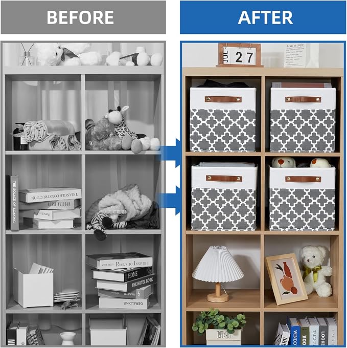 Temary 11x11x11 Cube Storage Bins Cube Organizer Bins 4 Pack Canvas Storage Bin for Home, Cube Storage Basket with Leather Handles(Grey Lattice) - Image 5