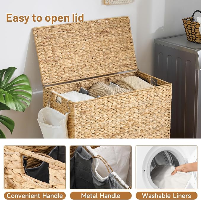 Laundry Hamper with Wheels, 52.8 Gallon(200L) Water Hyacinth Laundry Basket with Lid, 3-Section Wicker Clothes Hamper with 3 Removable Liners, Laundry Sorter with Side Pocket, Natural - Image 7