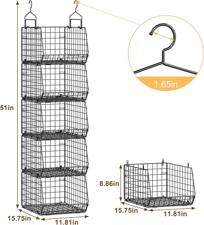 Capacity Upgrade Edition Deeper 4'' 5 Tier Foldable Hanging Closet Organizer and Storage，Wire Cabinet Shelves and Rack with 5 S Hooks,Stackable Metal Basket Bins for Clothes Shoe Purse,Black - Image 3