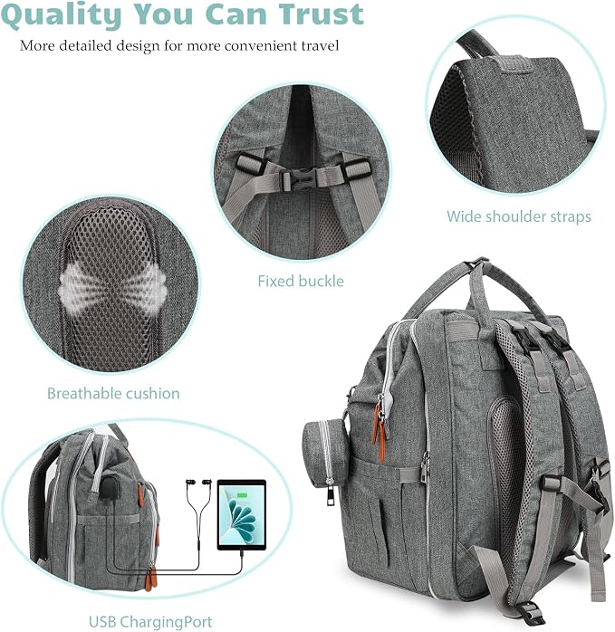 Diaper Bag Backpack for New Parents, Large Capacity Baby Travel Bag with Bottle Holders, Multiple Compartments (Grey) - Image 7
