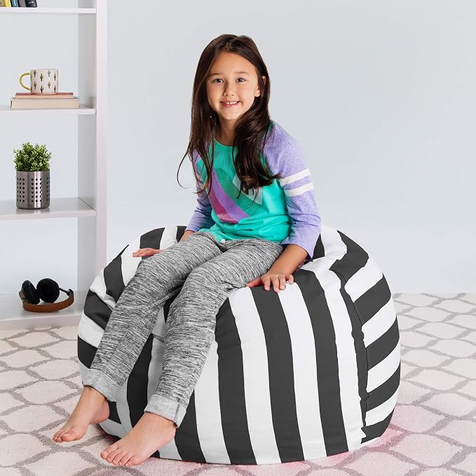Posh Stuffable Kids Stuffed Animal Storage Bean Bag Chair Cover - Childrens Toy Organizer, Large 38" - Canvas Stripes Gray and White - Image 4