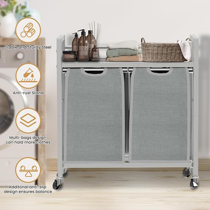 SwaaVee Laundry Sorter, Laundry Hamper with Wooden Top Shelf, 2×14.5Gal(110L), Metal Frame laundry basket with wheels, Pull out and Removable Laundry Bags, 2 Bags-Gray - Image 6