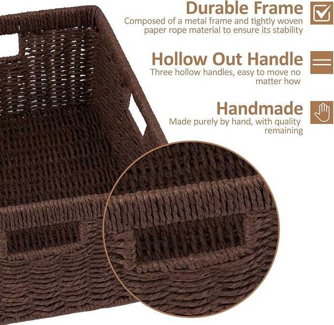 OIAHOMY Wicker Storage Basket, Rectangular Paper Rope Shelf Baskets with Built-in Handles, Woven Decorative Organizer for Pantry, Shelves, Living Room and Bathroom, 1-Pack Brown - Image 2