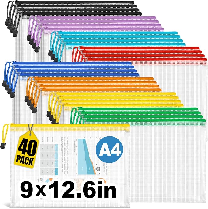 Jumlys 40 Pack Mesh Zipper Pouch Bags, A4 Mesh Bags with Zippers in 8 Color, Waterproof Zip File Folder Pouch for Organization Storage, Letter Size Zippers Bag for Classroom/Home/Office by WelcometoJumlys