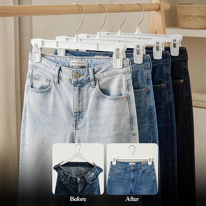 Skirt Hangers with Clips, 10 Pack White Pants Hangers | 12 Inch Plastic Clips Hangers Space-Saving Closet Organizer for Skirts, Shorts, Jeans with 360° Swivel Hook & Non-slip Clips - Image 3