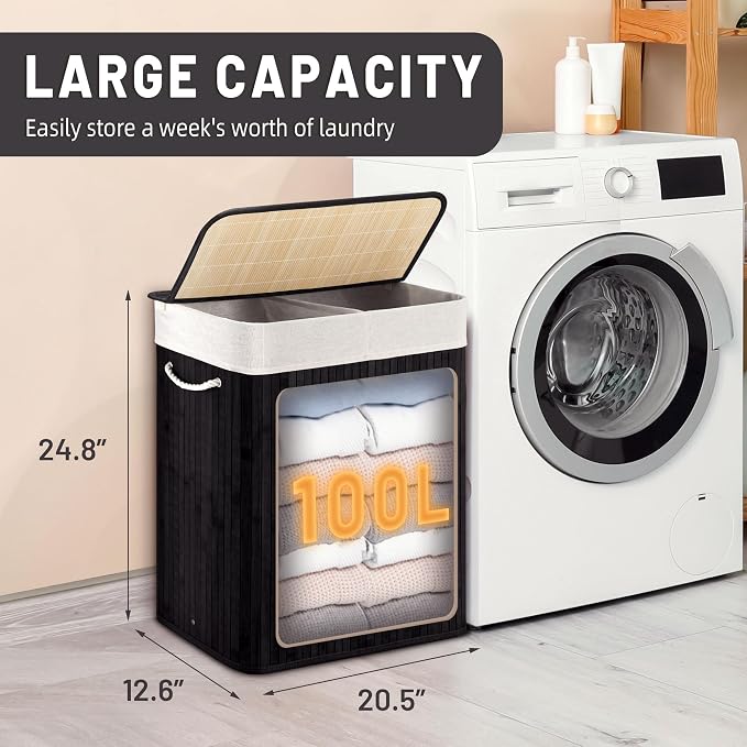 Aliphon 100L Laundry Hamper with lid, 2-Section Clothes Laundry Basket with Handles, Large Collapsible Bamboo Baskets for Bedroom, Bathroom, Dorm, Ink Black - Image 2