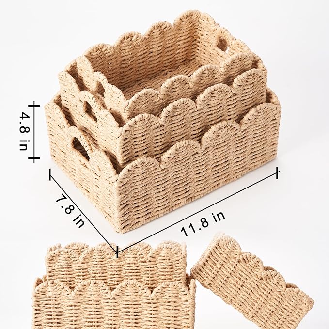 Scalloped Wicker Baskets Set of 3, Hand-Woven Storage with Handles | set of 3 beige scalloped baskets with handles. Hand-woven paper rope for shelves, bathroom or closet. Stackable, sturdy. - Image 7