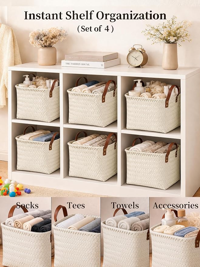 Wicker Storage Baskets, 4 Pack Woven Baskets for Shelves, White | PP Rattan, Water-resistant Wicker Basket, Large Baskets with Faux Leather Handles for Blanket, Laundry Organizer, Room Decor - Image 3