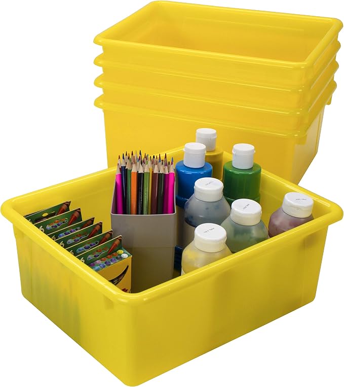 Storex Letter Size Deep Storage Tray – Organizer Bin with Non-Snap Lid for Classroom, Office and Home, Yellow, 5-Pack (62546A05C) - Image 5