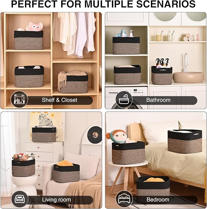 Storage Baskets for Organizing Shelves, Woven Cotton Rope Bins for Organization, Dog Toy Organizer for Shelf Living Room Bedroom, 14.8"×11"×9.5", Pack of 3, Black & Jute - Image 5