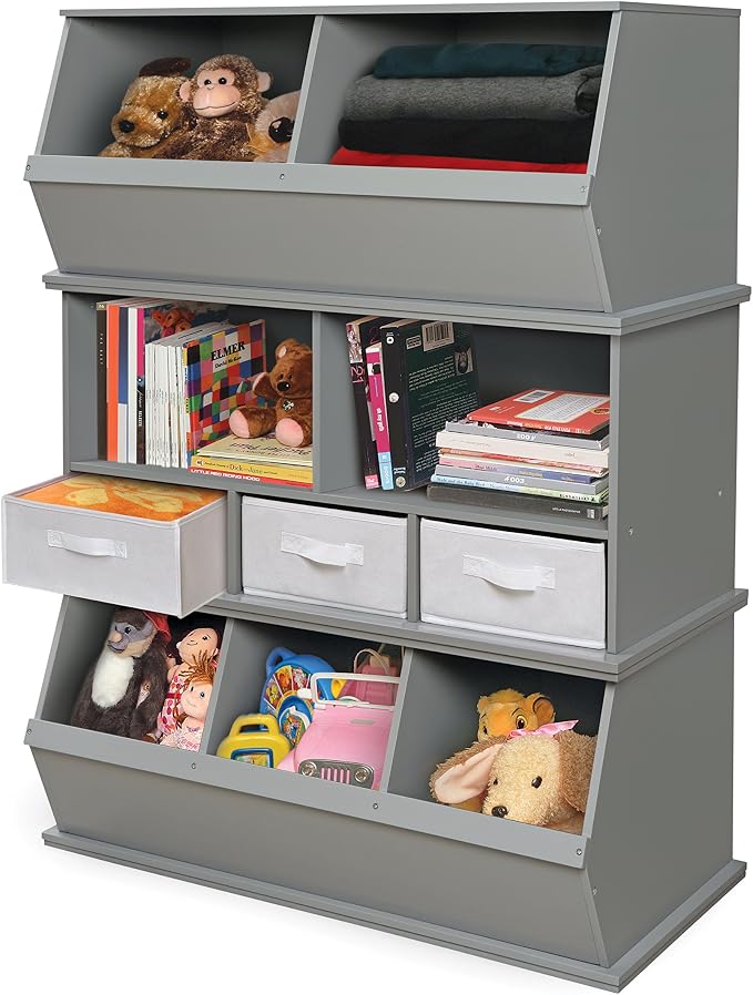 Badger Basket Two Bin Stackable Toy Storage Cubby Organizer – Modular Storage for Toys, Books, and Crafts – Solid Wood Panel – Gray - Image 8