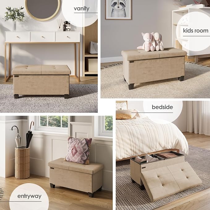 Storage Ottoman Bench with Bins, 30-in Storage Bench for Bedroom End of Bed, Folding Foot Rest Ottoman for Living Room Max 660lbs, Velvet Ottomans, Taupe - Image 4