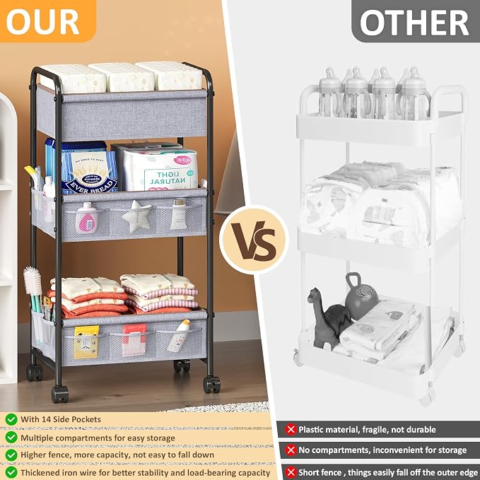 3-Tier Baby Diaper Caddy Cart Organizer with 2 Dividers & 14 Mesh Pockets - Black Mobile Nursery Storage Cart with Wheels, Durable Metal Utility Cart for Nursery, Bedroom, Baby Essentials Organization - Image 6