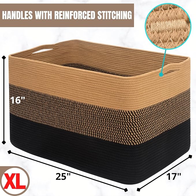 112L Extra Large Blanket Basket Holder Living Room, 25"x17"x16" Rectangle Rope Woven Storage Basket with Handles for Laundry, Pool Towels, Shoes, Dog Toy Organizer Bin Box, Black Jute - Image 7