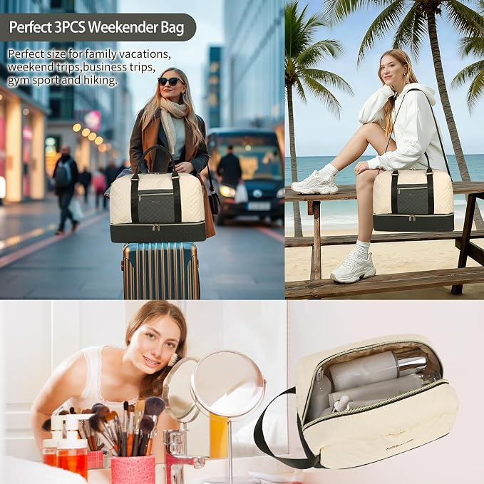 3PCS Weekender Bags for Women Large Overnight Bag, Black Beige Green | Weekender Travel Duffel Bags Carry on Shoulder with Shoe Compartment Toiletry Bag Satchel Bag for Travelling Business Gym - Image 5